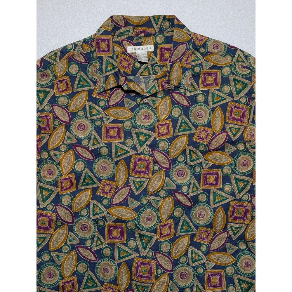 Claiborne Mens Short Sleeve‎ Button Down Shirt Geometric Print Blue Size M